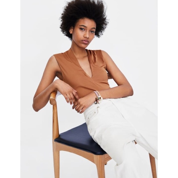 Zara Tops - Zara V-Neck Tan Sleeveless Bodysuit